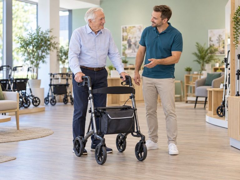 KI-generierte Symbolszene: Ein älterer Mann erhält eine persönliche Einweisung in die Nutzung eines Rollators.